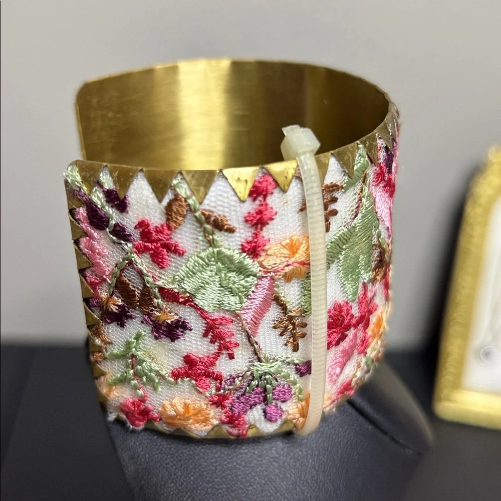 Cottage Floral Embroidered Boho Statement Cuff Bracelet - Picture 4 of 5